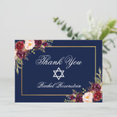 Bat Mitzvah Floral Burgundy Gold Dankeskarte (Stehend Vorderseite)
