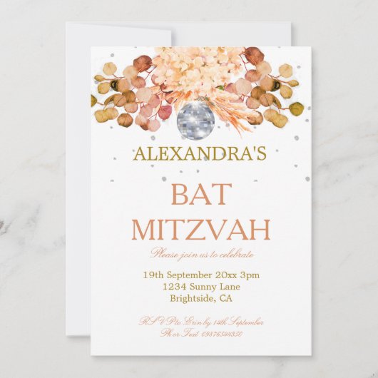 Bat Mitzvah Floral Disco Einladung (Vorderseite)