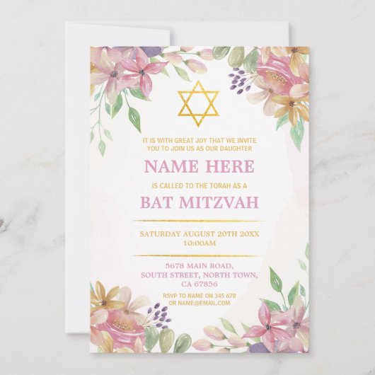 Bat Mitzvah Floral Einladung Glitzer Girl Star (Vorderseite)