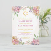 Bat Mitzvah Floral Einladung Glitzer Girl Star (Stehend Vorderseite)