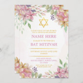 Bat Mitzvah Floral Einladung Glitzer Girl Star (Vorne/Hinten)