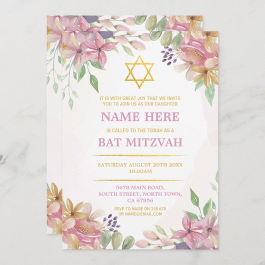 Bat Mitzvah Floral Einladung Glitzer Girl Star (Vorne/Hinten)