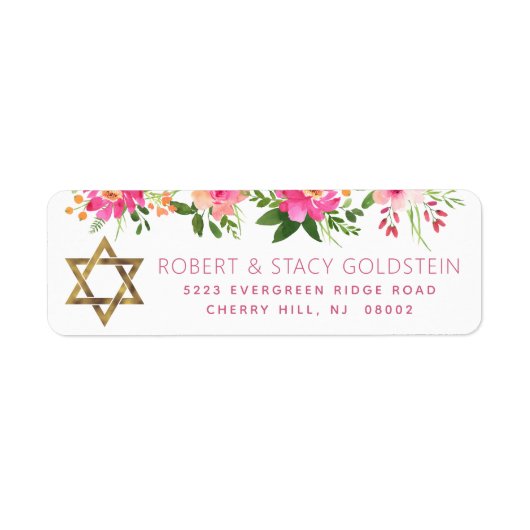 Bat Mitzvah Floral Pink Gold Girl Rücksendeadresse (Vorne)