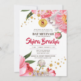Bat Mitzvah Floral Watercolor Glitzer Stars Einladung