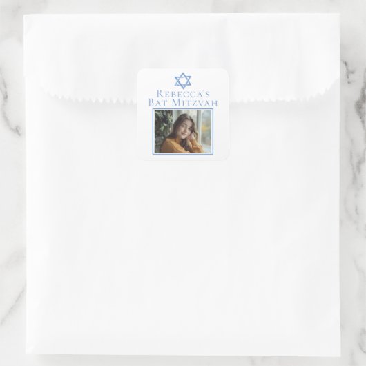 Bat Mitzvah Foto Blue Star von David Party Quadratischer Aufkleber (Tasche)