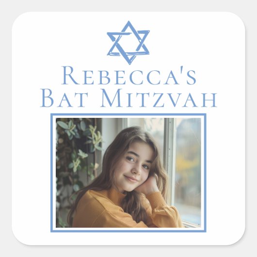 Bat Mitzvah Foto Blue Star von David Party Quadratischer Aufkleber (Vorderseite)