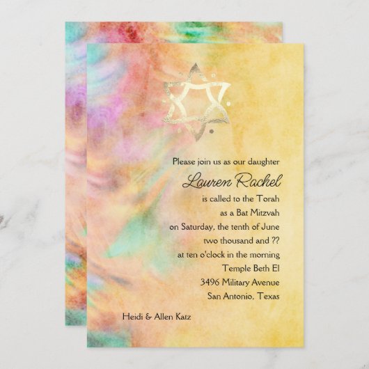 Bat Mitzvah Gelbe Gefärbte Krawatte Design Einladu Einladung (Vorne/Hinten)