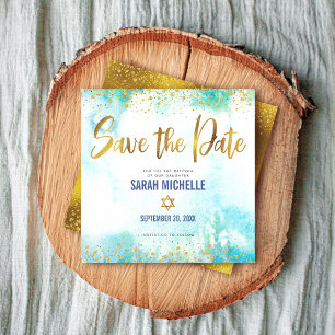 Bat Mitzvah Girly Turquoise Watercolor & Golden Fo Save The Date