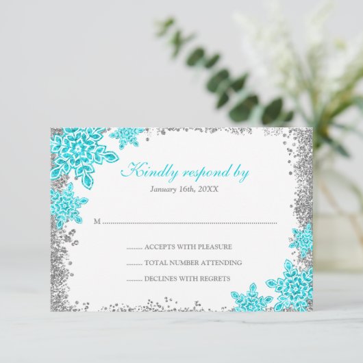 Bat Mitzvah Glam Winter Wonderland Aquamarine UAWG RSVP Karte (Stehend Vorderseite)