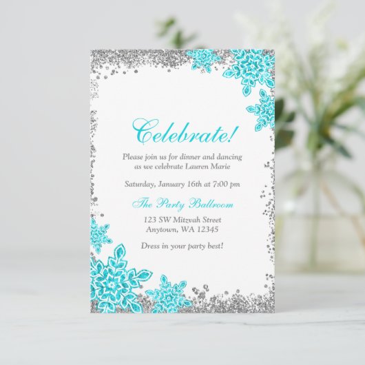 Bat Mitzvah Glam Winter Wonderland Aquamariner Emp Einladung (Stehend Vorderseite)