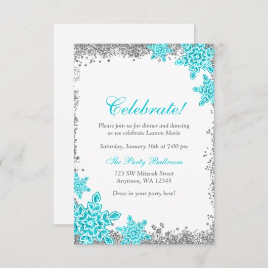 Bat Mitzvah Glam Winter Wonderland Aquamariner Emp Einladung (Vorne/Hinten)