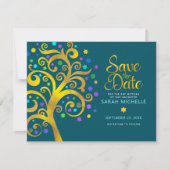 Bat Mitzvah Gold & Blue Foil Tree of Life Aquamari Save The Date (Vorderseite)