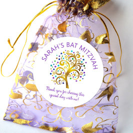 Bat Mitzvah Gold Foil Tree Life, Lila Typografie Runder Aufkleber