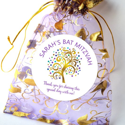 Bat Mitzvah Gold Foil Tree Life, Lila Typografie Runder Aufkleber