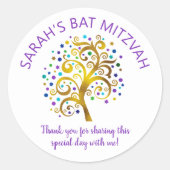 Bat Mitzvah Gold Foil Tree Life, Lila Typografie Runder Aufkleber (Vorderseite)