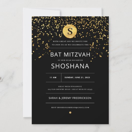 Bat Mitzvah Gold Glitzer Einladung (Vorderseite)