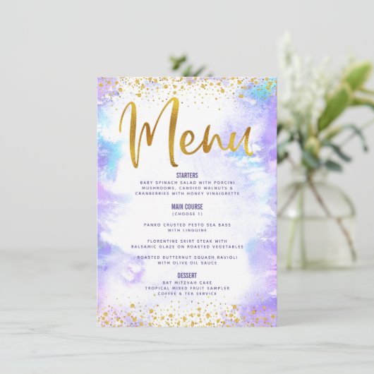 Bat Mitzvah Gold Glitzer Fossilienfisch Lila Wasse Menükarte (Stehend Vorderseite)
