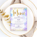 Bat Mitzvah Gold Glitzer Fossilienfisch Lila Wasse Menükarte<br><div class="desc">Seien Sie stolz, freuen Sie sich und präsentieren Sie diesen Meilenstein Ihres Lieblings-Bat Mitzvah mit einer Feier, auf die Sie stolz sein können! Lassen Sie sich von diesem atemberaubenden, modernen Party-Menü verzaubern, das funkelnd Goldfolie und Glitzer-Punkte sowie Typografie-Schrift vor einem lila Hintergrund mit Aquarellfarben bietet. Ihr Name, das Veranstaltungsdatum und...</div>