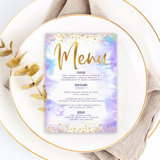 Bat Mitzvah Gold Glitzer Fossilienfisch Lila Wasse Menükarte