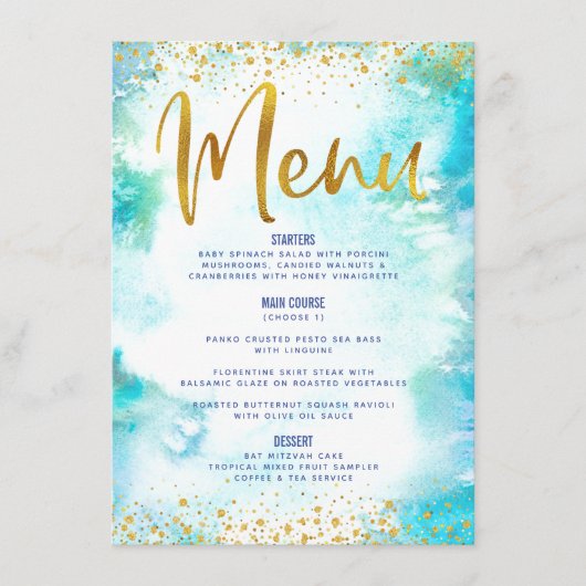 Bat Mitzvah Gold Glitzer Fossilienfisch Türkis Menükarte (Vorderseite)