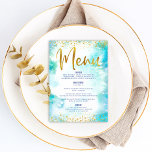 Bat Mitzvah Gold Glitzer Fossilienfisch Türkis Menükarte<br><div class="desc">Seien Sie stolz, freuen Sie sich und präsentieren Sie diesen Meilenstein Ihres Lieblings-Bat Mitzvah mit einer Feier, auf die Sie stolz sein können! Lassen Sie sich von diesem atemberaubenden, modernen Party-Menü verzaubern, das mit funkelnd Goldfolien und Glitzer-Punkten sowie Typografie-Schrift vor türkisfarbenem Hintergrund besticht. Ihr Name, das Veranstaltungsdatum und ein goldener...</div>