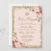Bat Mitzvah | Gold Glitzer Rosa Blütenfarben Einladung (Vorderseite)