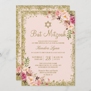 Bat Mitzvah   Gold Glitzer Rosa Blütenfarben Einladung