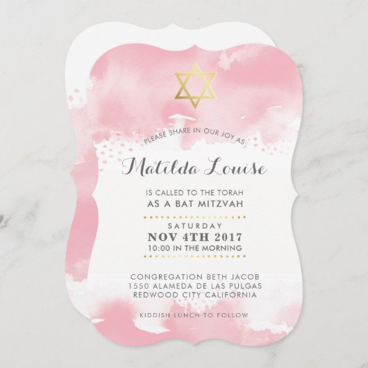 BAT MITZVAH Gold hübsch rosa Aquarell Einladen Einladung (Vorne/Hinten)