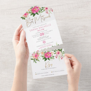Bat Mitzvah Gold Schrift Pink Floral Wasserfarbe All In One Einladung