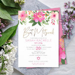Bat Mitzvah Gold Script Rosa Floral Wasserfarbe Einladung<br><div class="desc">Seien Sie stolz, freuen Sie sich und präsentieren Sie diesen Meilenstein Ihres Lieblings-Bat Mitzvah mit dieser raffinierten, personalisierten Einladung! Eine schicke, atemberaubende, pinkfarbene und pfirsichfarbene Aquarellfarbe mit Imitaten Goldfolienskripttypografie moderne staubige Rose und graue San-Serif-Schrift überlagert einen weißen Hintergrund. Zusätzliche Aquarellfarben-Blume und ein weißer David-Stern überlagern einen staubigen, rosa Hintergrund auf...</div>