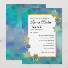 Bat Mitzvah Gold Star Abstract Design Blau Einladung