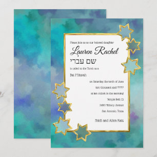 Bat Mitzvah Gold Star Abstract Design Blau Einladung