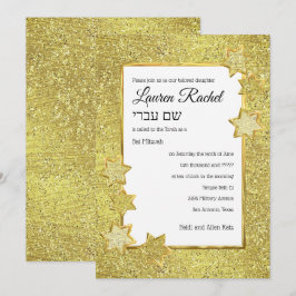 Bat Mitzvah Gold Star Frame auf Gold Glitzer Einladung