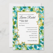 Bat Mitzvah Gold Star Green Blue Damask Einladung (Vorderseite)