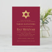Bat Mitzvah Gold Star of David Simple Burgundy Red Einladung (Stehend Vorderseite)