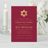 Bat Mitzvah Gold Star of David Simple Burgundy Red Einladung