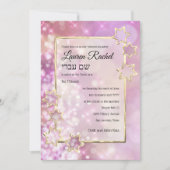 Bat Mitzvah Gold Star Pink Bokeh Lights Einladung (Vorderseite)