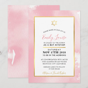 BAT MITZVAH Gold Stern Blassrosa Aquarell Einladen Einladung