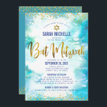 Bat Mitzvah Gold Türkis Wasserfarbe 2 Veranstaltun Einladung<br><div class="desc">Seien Sie stolz, freuen Sie sich und präsentieren Sie diesen Meilenstein Ihres Lieblings-Bat Mitzvah! Versenden Sie diese atemberaubende, moderne, personalisierte Einladung für eine Veranstaltung, an die Sie sich erinnern können. Funkelnd Imitate Goldfolienskript, Glitzer Punkte. Der Star von David und Typografie-Skript überlagern einen türkisblauen Aquarellhintergrund. Personalisieren Sie den benutzerdefinierten Text mit...</div>