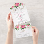 Bat Mitzvah Gold Typ Rosa Party All In One Einladung<br><div class="desc">Seien Sie stolz, freuen Sie sich und präsentieren Sie diesen Meilenstein Ihres Lieblings-Bat Mitzvah! Versenden Sie diese atemberaubende, moderne, maßgeschneiderte All-in-One-Einladung für eine Veranstaltung, an die Sie sich erinnern können. Eine schicke, atemberaubende, pinkfarbene und pfirsichfarbene Aquarellfarbe mit handgeschriebenen Imitaten aus Goldfolie und modernen staubigen Rose und grauem Sans Serif überlagert...</div>