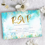 Bat Mitzvah Goldfolie Türkis Aquarell entrée RSVP Karte<br><div class="desc">Seien Sie stolz, freuen Sie sich und präsentieren Sie diesen Meilenstein Ihres Lieblings-Bat Mitzvah! Fügen Sie dieses atemberaubende, moderne, funkelnd Gold Imitat Folie und Glitzer Punkte und Typografie-Skript vor einem türkisfarbenen Hintergrund, personalisierte UAWG Insert Karte für Ihre Veranstaltung. Personalisieren Sie den benutzerdefinierten Text mit dem Datum "Antwort nach" und geben...</div>