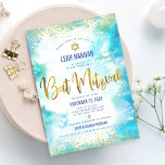 Bat Mitzvah Goldfolie, türkisch moderne Aquarell Einladung<br><div class="desc">Seien Sie stolz, freuen Sie sich und präsentieren Sie diesen Meilenstein Ihres Lieblings-Bat Mitzvah! Versenden Sie dieses atemberaubende, moderne, funkelnd Imitat-Folie und Glitzer-Punkte und Typografie-Skript vor einem türkisfarbenen Hintergrund, personalisierte Einladung für eine Veranstaltung zu erinnern. Personalisieren Sie den benutzerdefinierten Text mit dem Namen, Datum und Veranstaltungsort Ihres Bat Mitzvah. Garantiert,...</div>