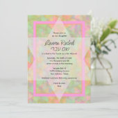 Bat Mitzvah Green und Pink Star von David Pattern Einladung (Stehend Vorderseite)