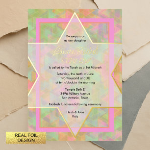 Bat Mitzvah Green und Pink Star von David Pattern Folieneinladung