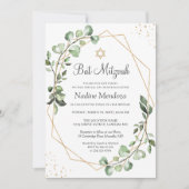Bat Mitzvah | Greenery Eucalyptus Gold Geometric Einladung (Vorderseite)