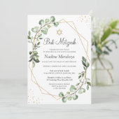 Bat Mitzvah | Greenery Eucalyptus Gold Geometric Einladung (Stehend Vorderseite)