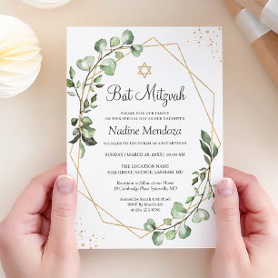 Bat Mitzvah Greenery Eukalyptus Gold Geometrisch Einladung