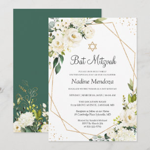 Bat Mitzvah Greenery White Rose Floral Geometric Einladung