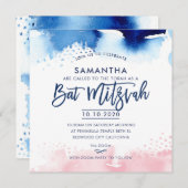 BAT MITZVAH handbuchstabiert blau-rosa Aquarell Einladung (Vorne/Hinten)