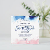 BAT MITZVAH handbuchstabiert blau-rosa Aquarell Einladung (Stehend Vorderseite)